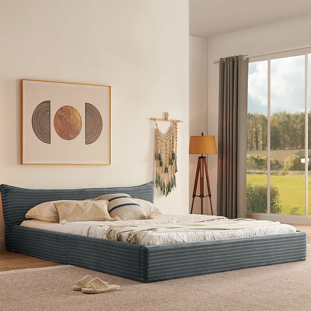 Okwish Lit Double Capitonné 160x200 cm, Chenille Doux, Tête de Lit Élégante, Cadre Bois Métal Solide, Gris Foncé, Sans Matelas* Lit Double