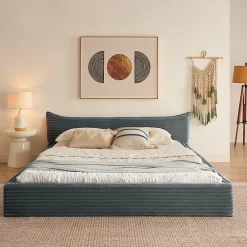 Okwish Lit Double Capitonné 160x200 cm, Chenille Doux, Tête de Lit Élégante, Cadre Bois Métal Solide, Gris Foncé, Sans Matelas* Lit Double
