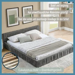 Okwish Lit Double Capitonné 140x200 cm, Tête de Lit, Structure Bois d'Eucalyptus Métal, Chenille Doux, Gris Foncé, Sans Matelas* Lit Double