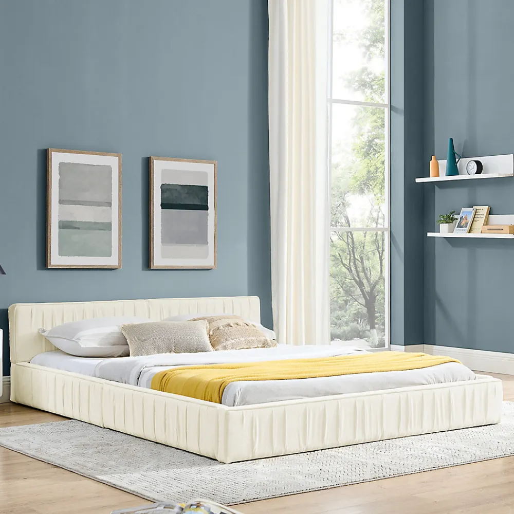 Lit Double Capitonné 160x200 cm, Tête de Lit, Structure Bois d'Eucalyptus Métal, Chenille Doux, Beige, Sans Matelas>Okwish