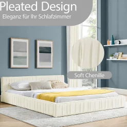 Lit Double Capitonné 160x200 cm, Tête de Lit, Structure Bois d'Eucalyptus Métal, Chenille Doux, Beige, Sans Matelas><noscript><img width=