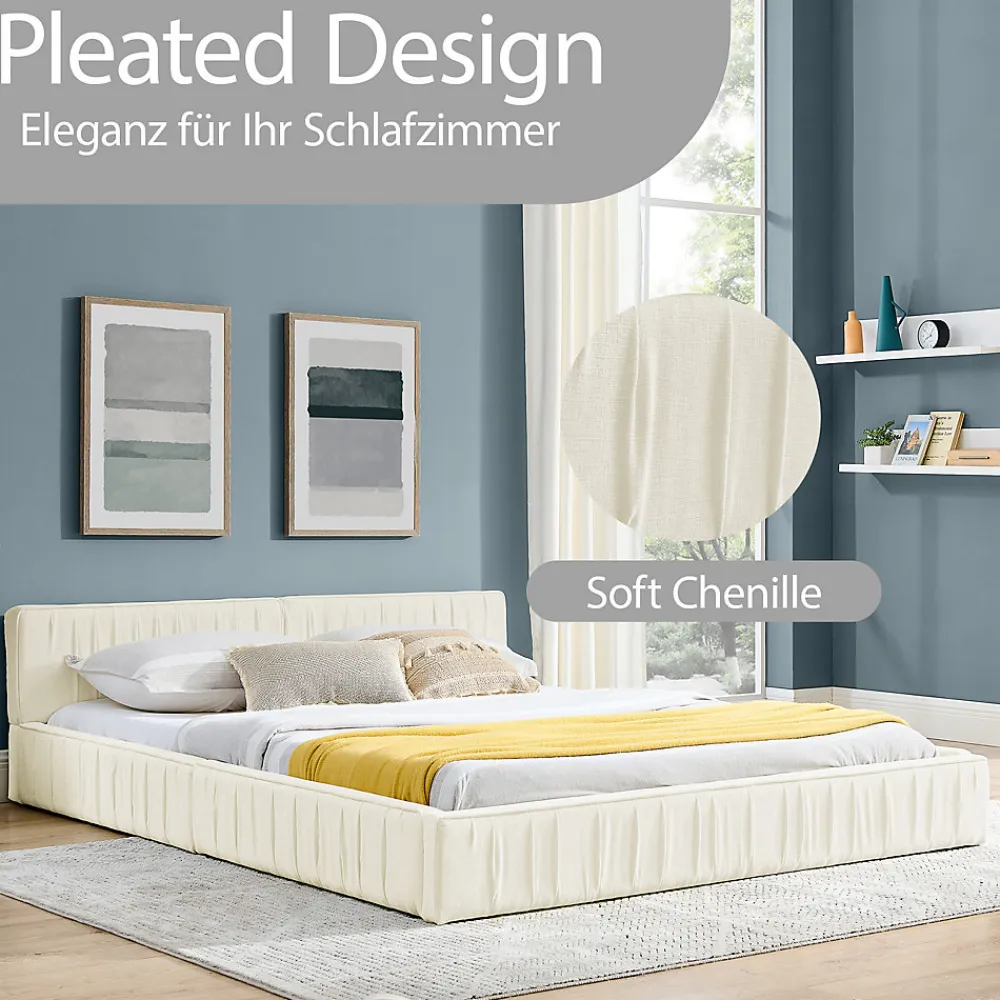 Lit Double Capitonné 160x200 cm, Tête de Lit, Structure Bois d'Eucalyptus Métal, Chenille Doux, Beige, Sans Matelas>Okwish