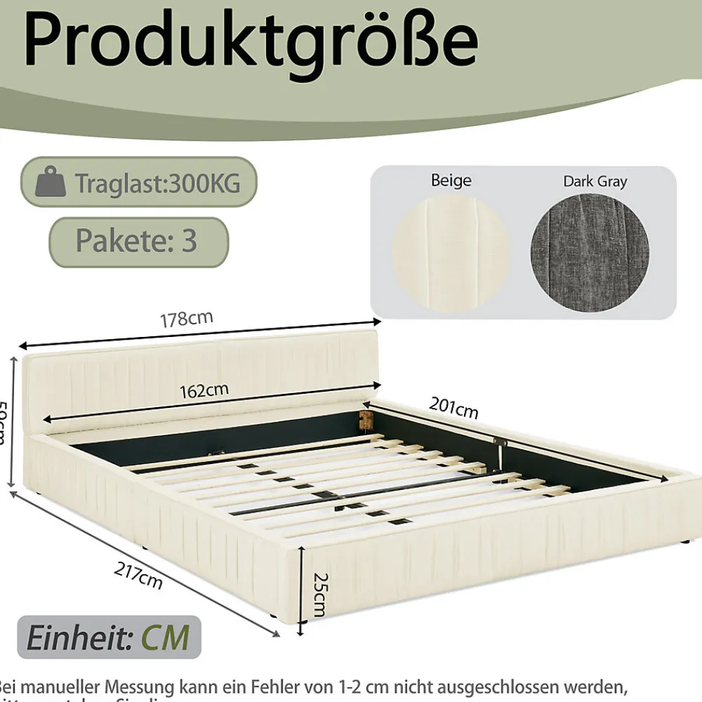 Lit Double Capitonné 160x200 cm, Tête de Lit, Structure Bois d'Eucalyptus Métal, Chenille Doux, Beige, Sans Matelas>Okwish