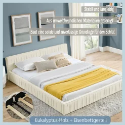Lit Double Capitonné 160x200 cm, Tête de Lit, Structure Bois d'Eucalyptus Métal, Chenille Doux, Beige, Sans Matelas><noscript><img width=
