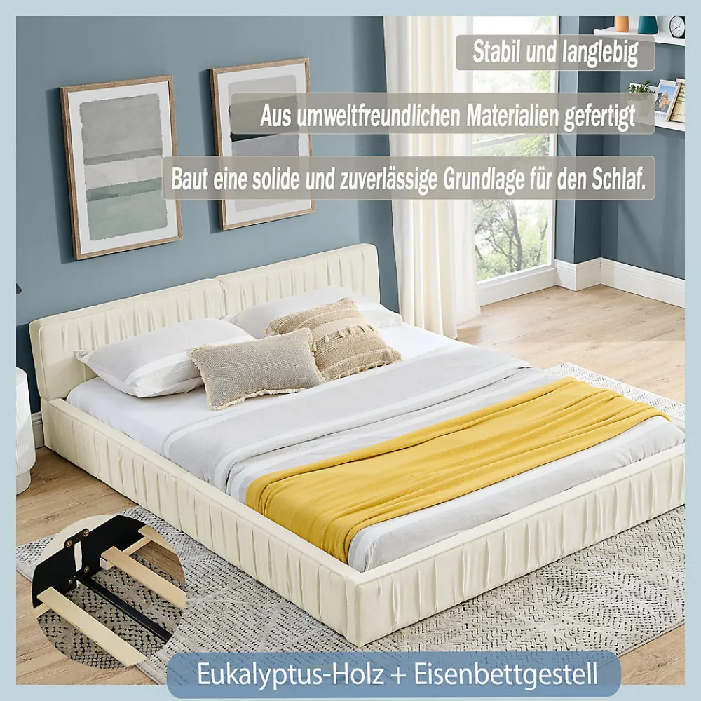 Lit Double Capitonné 160x200 cm, Tête de Lit, Structure Bois d'Eucalyptus Métal, Chenille Doux, Beige, Sans Matelas>Okwish