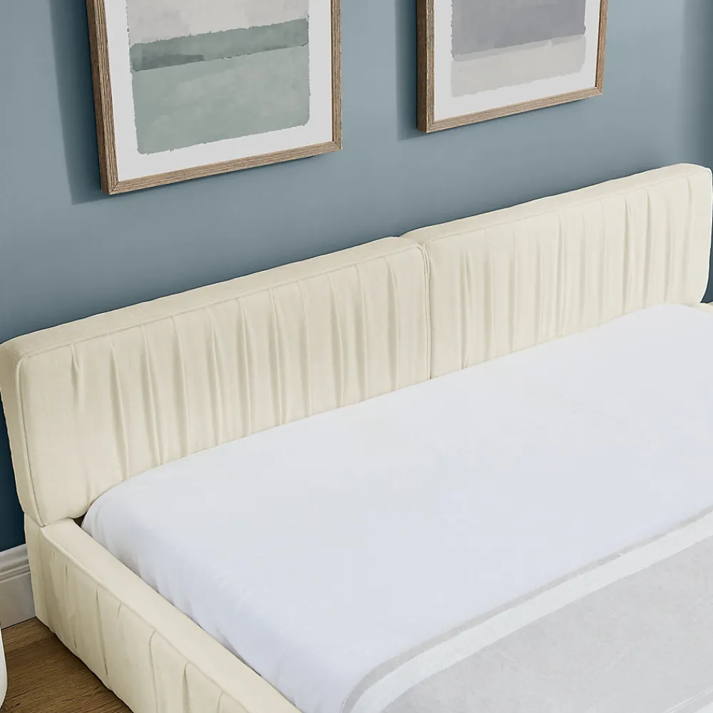 Lit Double Capitonné 160x200 cm, Tête de Lit, Structure Bois d'Eucalyptus Métal, Chenille Doux, Beige, Sans Matelas>Okwish