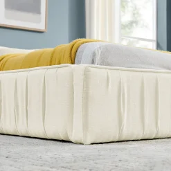 Lit Double Capitonné 160x200 cm, Tête de Lit, Structure Bois d'Eucalyptus Métal, Chenille Doux, Beige, Sans Matelas><noscript><img width=