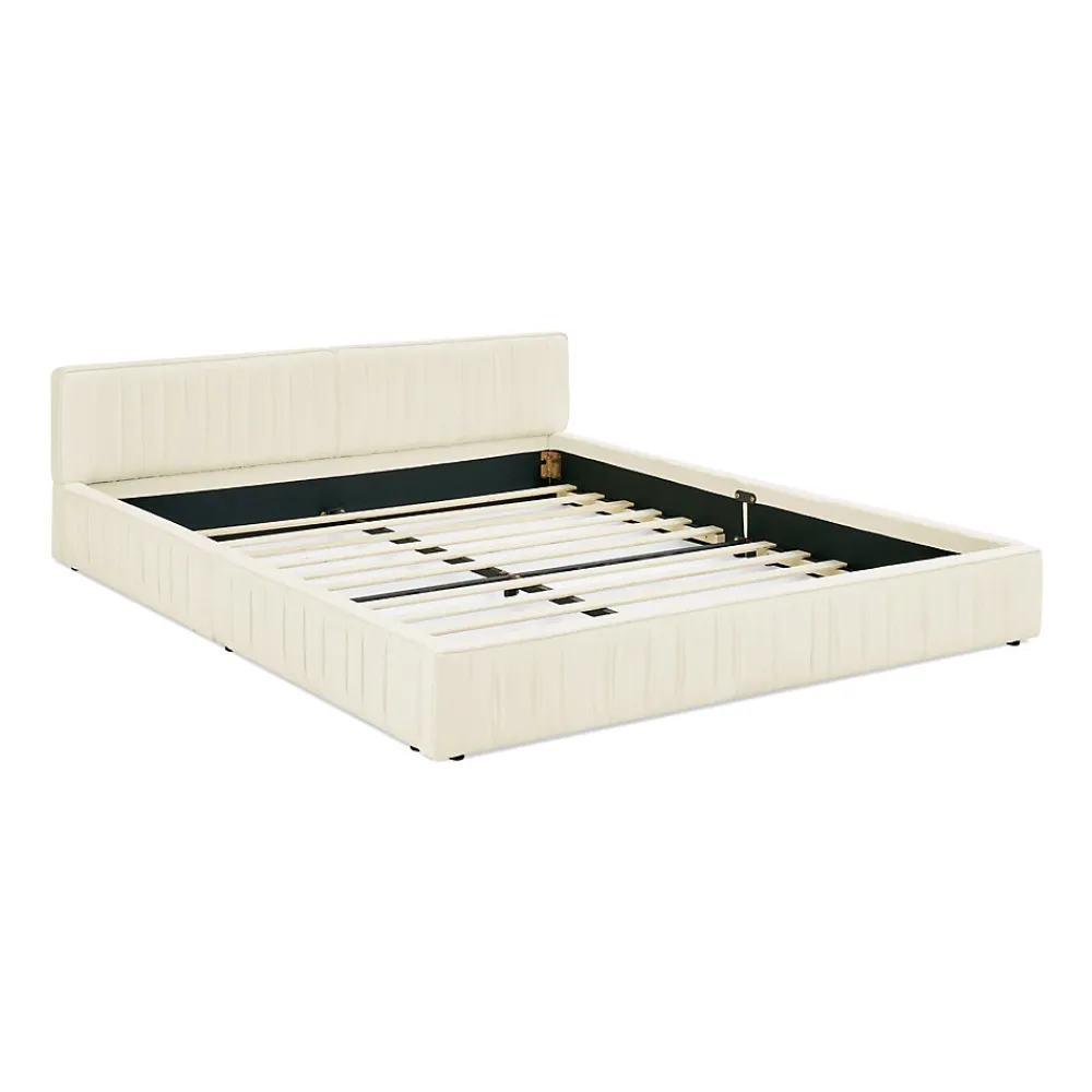 Lit Double Capitonné 160x200 cm, Tête de Lit, Structure Bois d'Eucalyptus Métal, Chenille Doux, Beige, Sans Matelas>Okwish