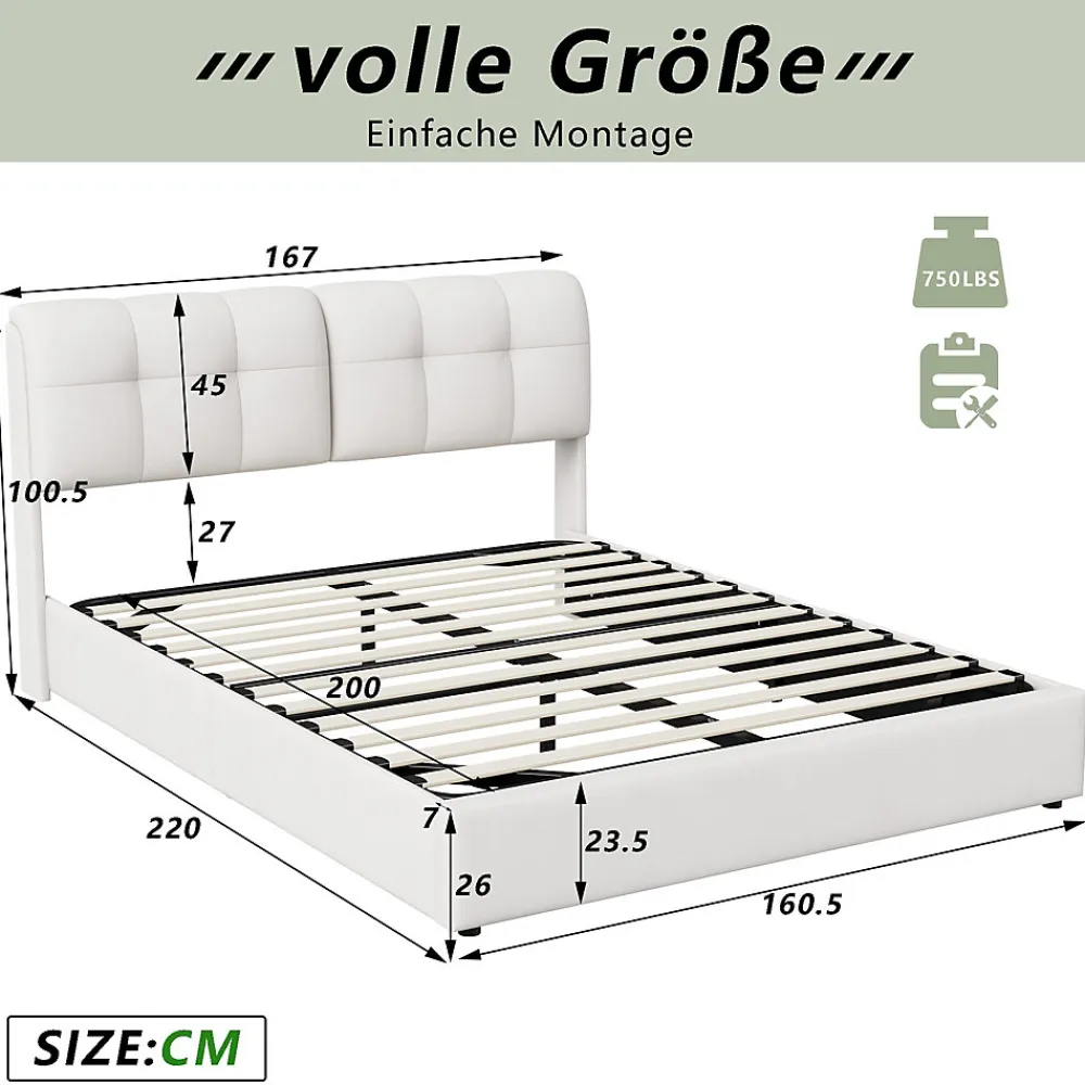 Lit double capitonné 140x200 cm,éclairage LED, ports et prises USB, sommier à lattes, linge, lit queen,Beige>Fortuna lai Outlet