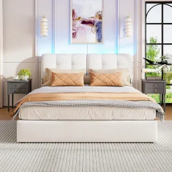 Lit double capitonné 140x200 cm,éclairage LED, ports et prises USB, sommier à lattes, linge, lit queen,Beige><noscript><img width=