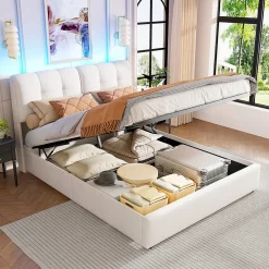 Lit double capitonné 140x200 cm,éclairage LED, ports et prises USB, sommier à lattes, linge, lit queen,Beige><noscript><img width=