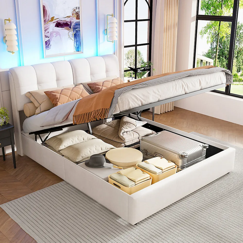 Lit double capitonné 140x200 cm,éclairage LED, ports et prises USB, sommier à lattes, linge, lit queen,Beige>Fortuna lai Outlet
