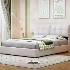 Lit double capitonné 140x200 cm,éclairage LED, ports et prises USB, sommier à lattes, linge, lit queen,Beige><noscript><img width=
