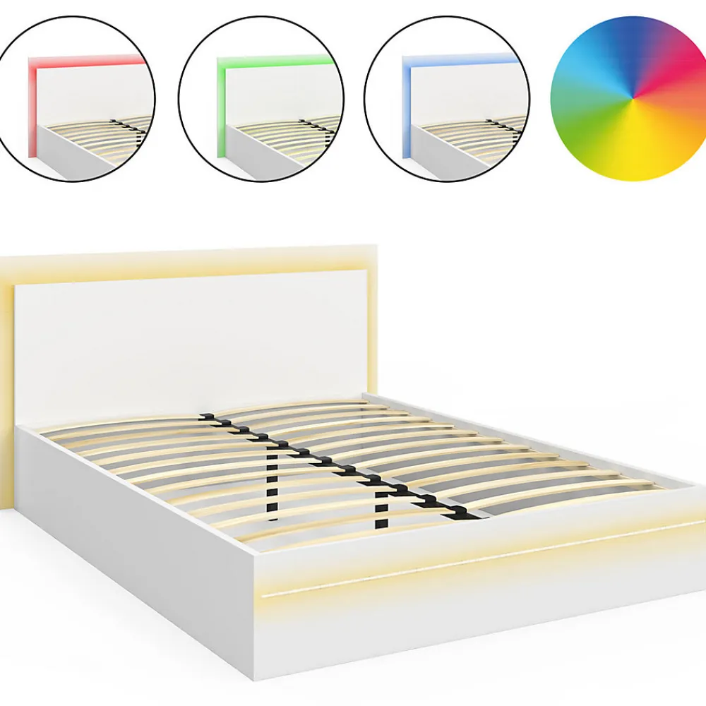 Lit double CHARLIE 140 x 190 cm avec sommier et LED intégrées blanc>IDMarket Sale