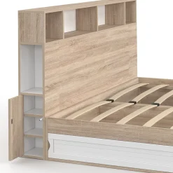 IDMarket Lit double CLEM avec rangements + tête de lit et sommier 160 x 200 cm hêtre et blanc* Lit Avec Rangement
