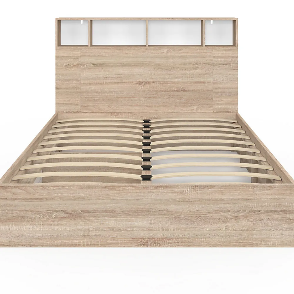 Lit double CLEM avec rangements + tête de lit et sommier 140 x 190 cm hêtre et blanc>IDMarket New