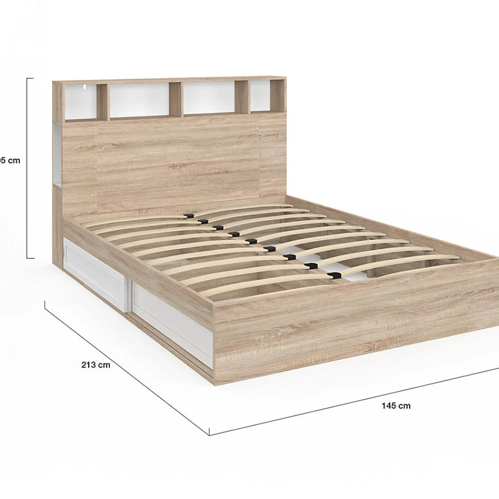 Lit double CLEM avec rangements + tête de lit et sommier 140 x 190 cm hêtre et blanc>IDMarket New