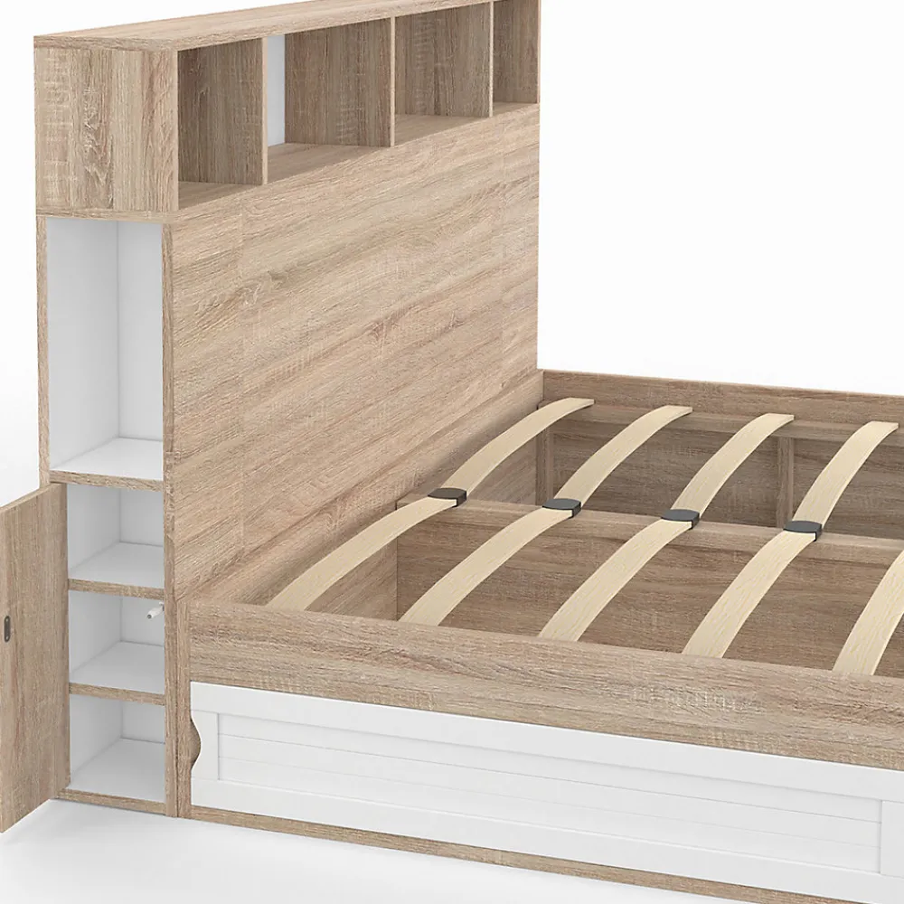 Lit double CLEM avec rangements + tête de lit et sommier 140 x 190 cm hêtre et blanc>IDMarket New