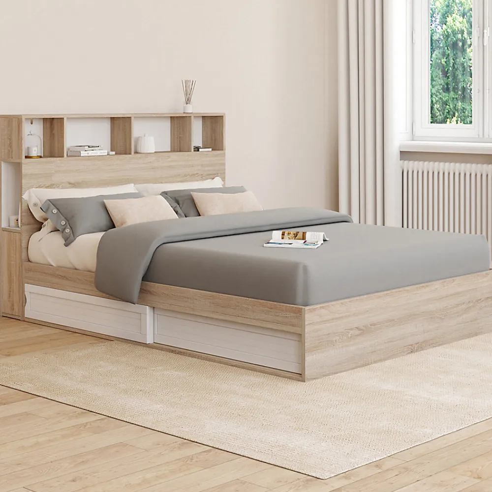 Lit double CLEM avec rangements + tête de lit et sommier 140 x 190 cm hêtre et blanc>IDMarket New
