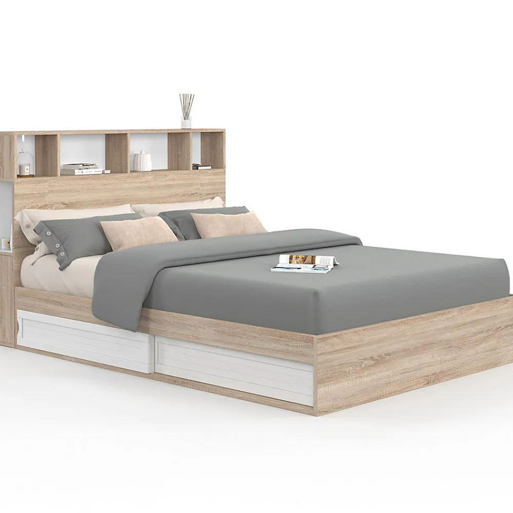 Lit double CLEM avec rangements + tête de lit et sommier 140 x 190 cm hêtre et blanc>IDMarket New