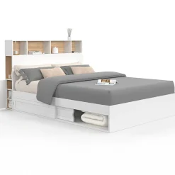 Lit double CLEM avec tête de lit, rangements et sommier 140 x 190 cm blanc>IDMarket