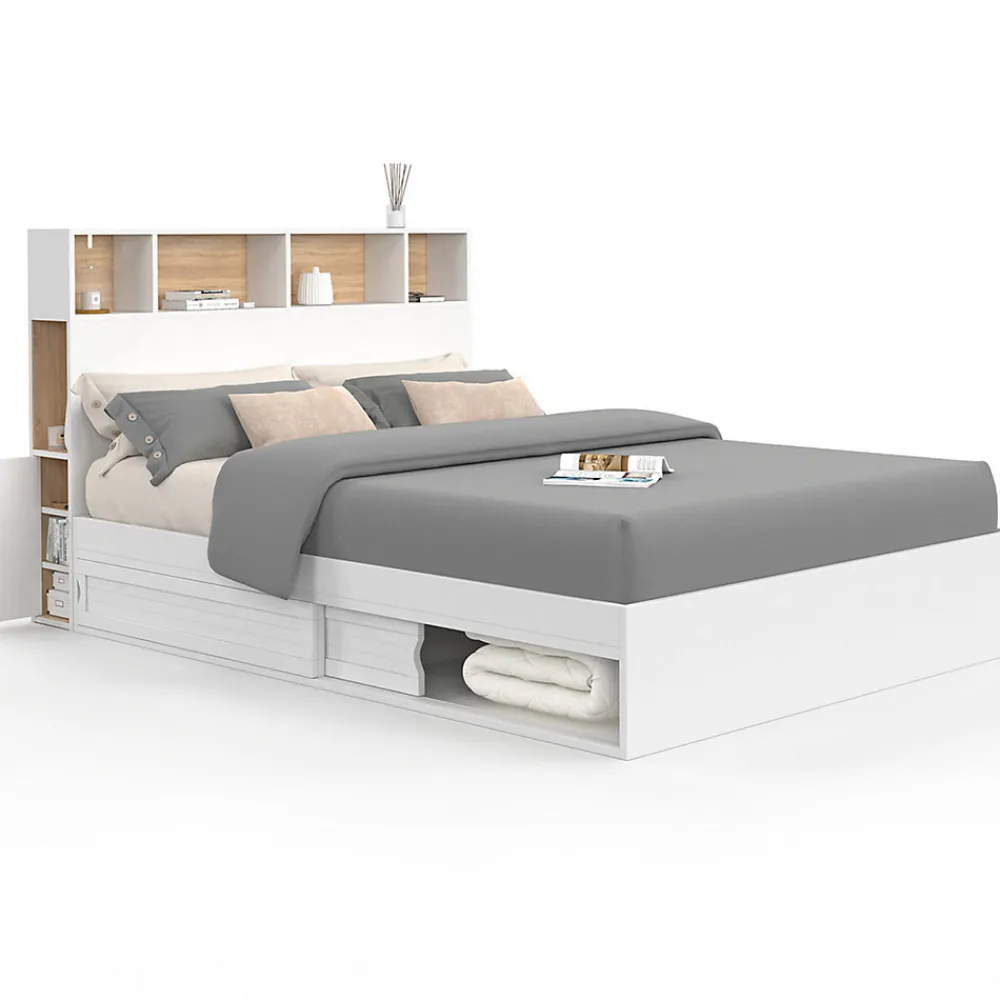 Lit double CLEM avec tête de lit, rangements et sommier 140 x 190 cm blanc>IDMarket