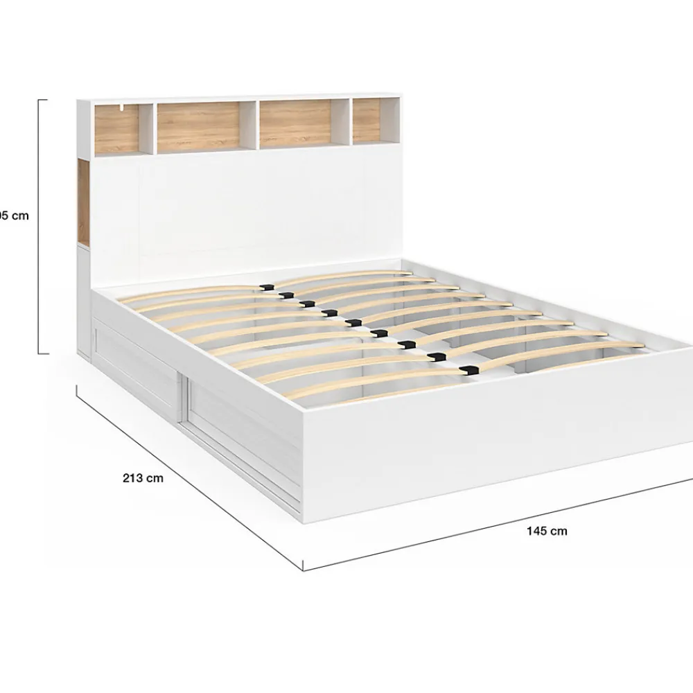 Lit double CLEM avec tête de lit, rangements et sommier 140 x 190 cm blanc>IDMarket