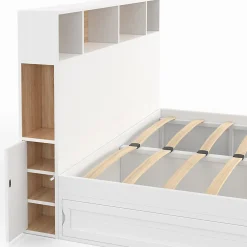 Lit double CLEM avec tête de lit, rangements et sommier 140 x 190 cm blanc><noscript><img width=