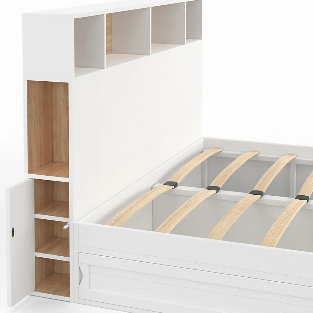 Lit double CLEM avec tête de lit, rangements et sommier 140 x 190 cm blanc>IDMarket