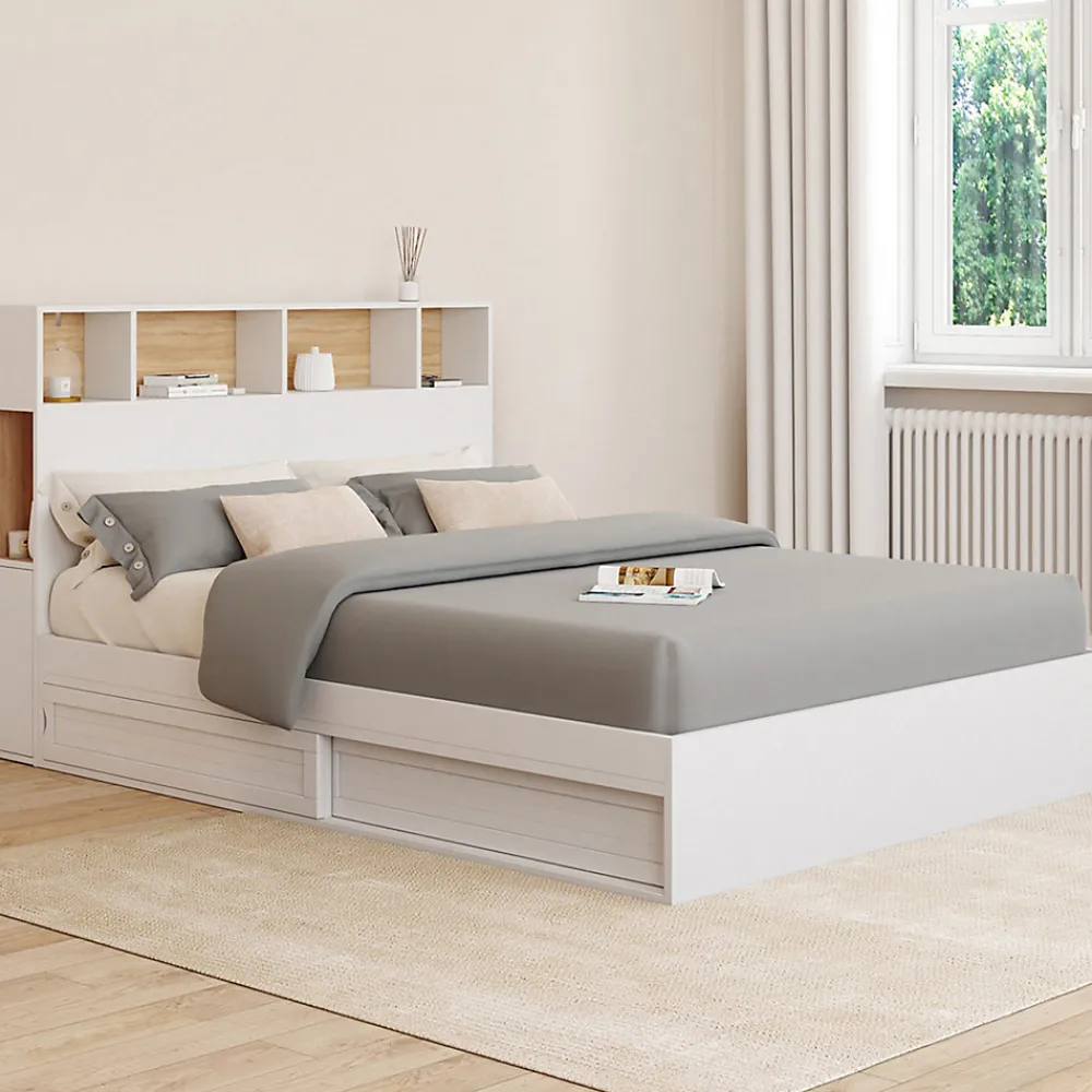 Lit double CLEM avec tête de lit, rangements et sommier 140 x 190 cm blanc>IDMarket