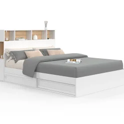 Lit double CLEM avec tête de lit, rangements et sommier 140 x 190 cm blanc><noscript><img width=