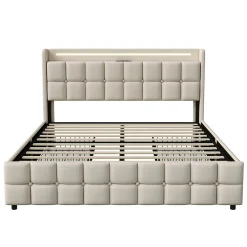 Lit Double Coffre 160x200cm Avec Éclairage LED Et 4 Tiroirs, Rechargeable, Avec Tête De Lit,beige>Fortuna lai New