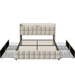 Lit Double Coffre 160x200cm Avec Éclairage LED Et 4 Tiroirs, Rechargeable, Avec Tête De Lit,beige><noscript><img width=
