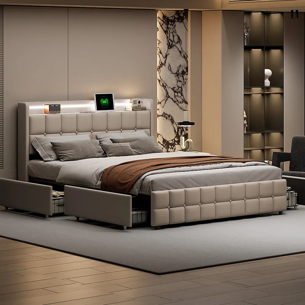 Lit Double Coffre 160x200cm Avec Éclairage LED Et 4 Tiroirs, Rechargeable, Avec Tête De Lit,beige>Fortuna lai New