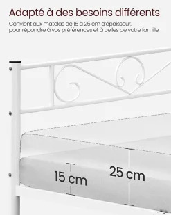 Lit Double Convient pour Matelas de 140 x 190 cm Blanc Métal Montage Facile + Espace Rangement Chambre><noscript><img width=
