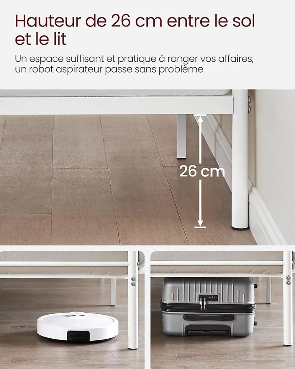 Lit Double Convient pour Matelas de 140 x 190 cm Blanc Métal Montage Facile + Espace Rangement Chambre>Nature Pro Discount