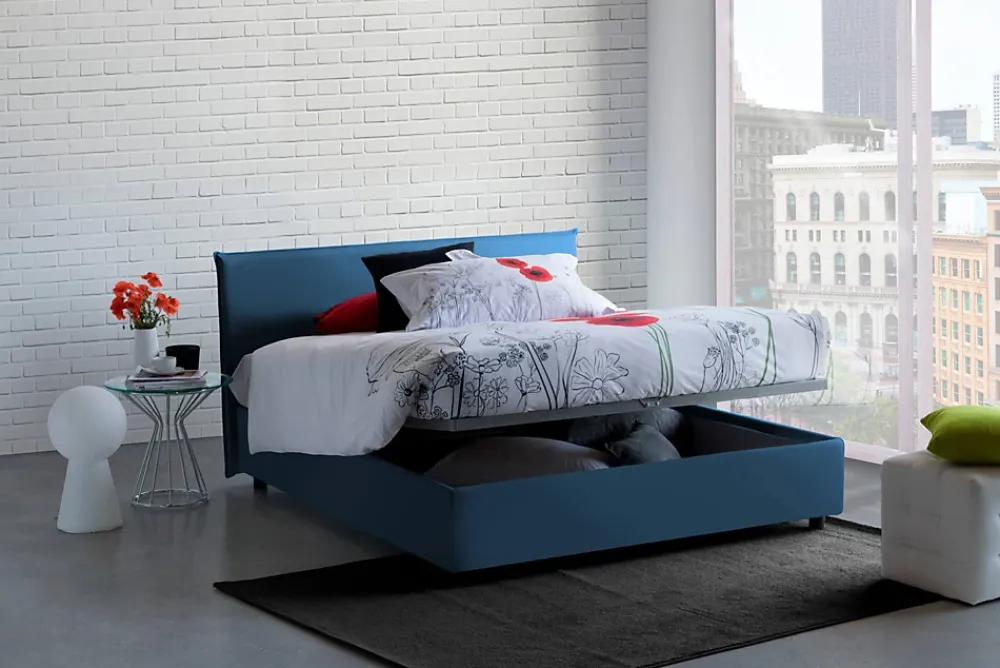 Talamo Italia Lit double Dangel, Lit coffre avec revêtement en tissu, Ouverture frontale, adapté pour matelas 160x200 cm, Bleu* Lit Coffre