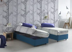 Lit double Daronic, Lit coffre avec revêtement en tissu, Ouverture latérale, adapté pour matelas 120x190 cm, Bleu><noscript><img width=