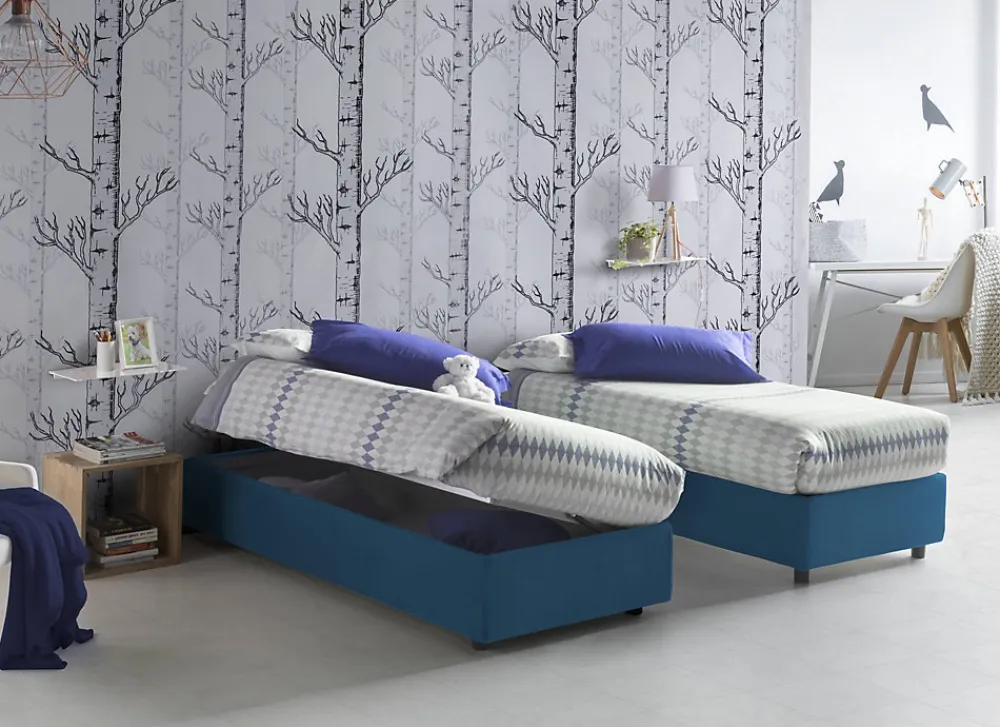 Lit double Daronic, Lit coffre avec revêtement en tissu, Ouverture latérale, adapté pour matelas 120x190 cm, Bleu>Talamo Italia Sale
