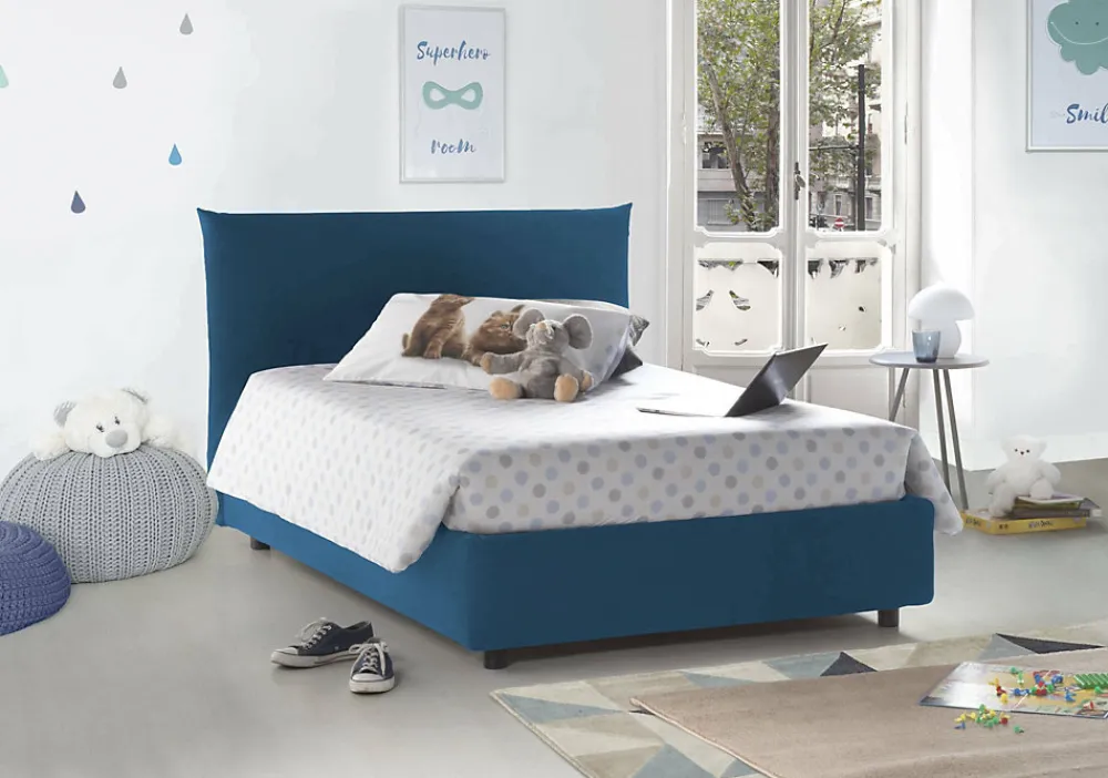 Lit double Dbranc, lit coffre avec revêtement en tissu, ouverture frontale, avec matelas 120x190 cm inclus, bleu>Talamo Italia Best