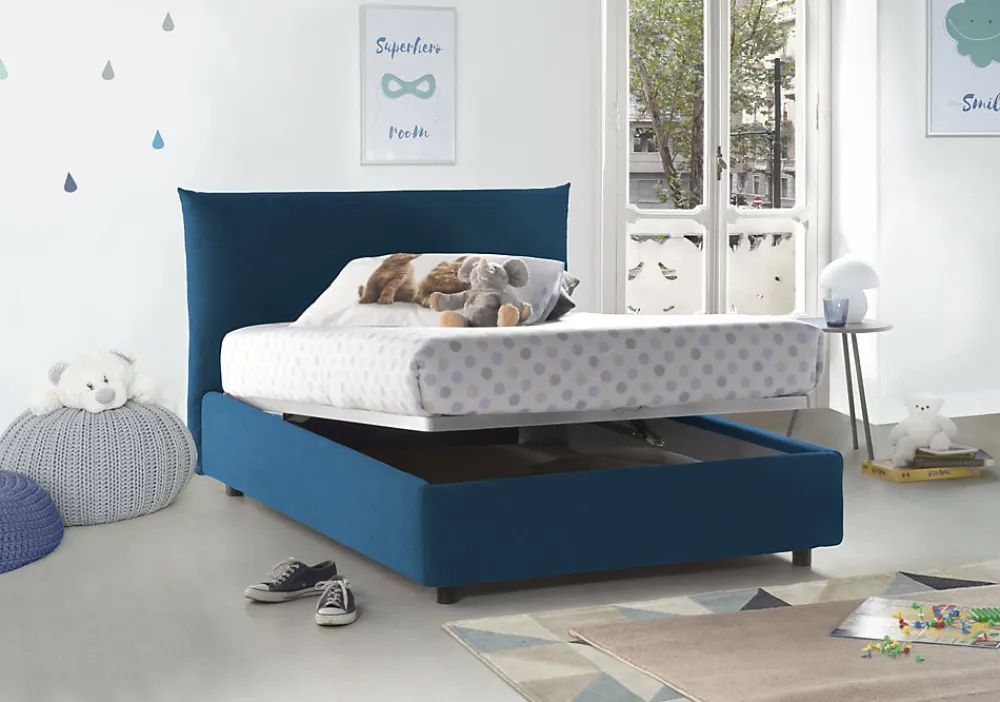 Lit double Dbranc, lit coffre avec revêtement en tissu, ouverture frontale, avec matelas 120x190 cm inclus, bleu>Talamo Italia Best