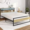 IDMarket Lit double DETROIT LED intégrés dans la tête de lit et sommier 140 x 190 cm effet bois et métal noir design industriel* Lit Avec Rangement