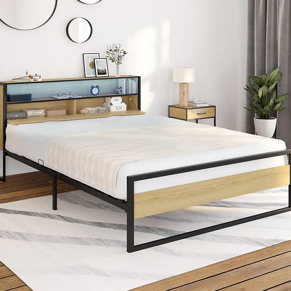 IDMarket Lit double DETROIT LED intégrés dans la tête de lit et sommier 140 x 190 cm effet bois et métal noir design industriel* Lit Avec Rangement