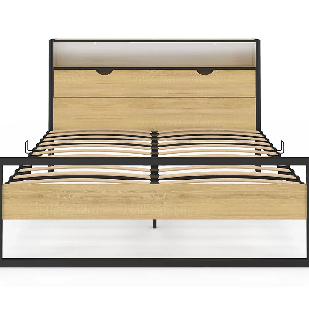 IDMarket Lit double DETROIT LED intégrés dans la tête de lit et sommier 140 x 190 cm effet bois et métal noir design industriel* Lit Avec Rangement