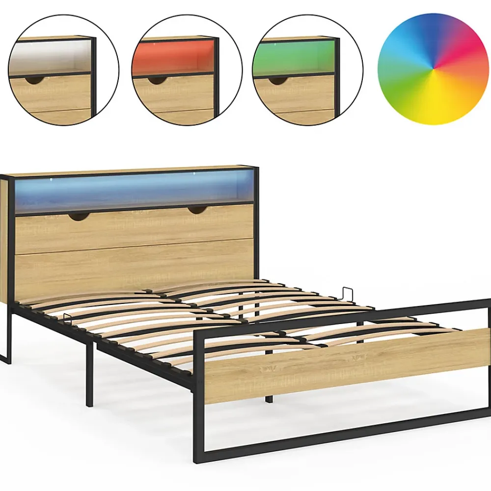 IDMarket Lit double DETROIT LED intégrés dans la tête de lit et sommier 140 x 190 cm effet bois et métal noir design industriel* Lit Avec Rangement
