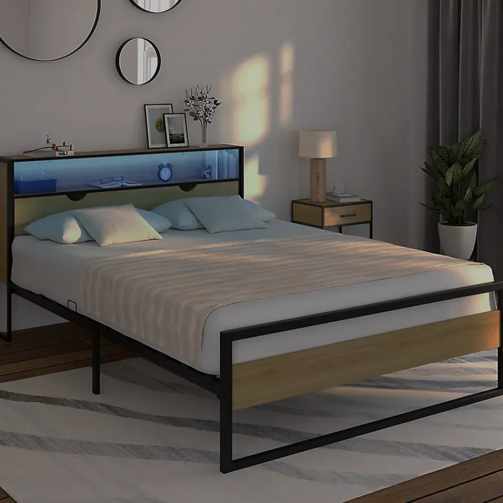 IDMarket Lit double DETROIT LED intégrés dans la tête de lit et sommier 140 x 190 cm effet bois et métal noir design industriel* Lit Avec Rangement