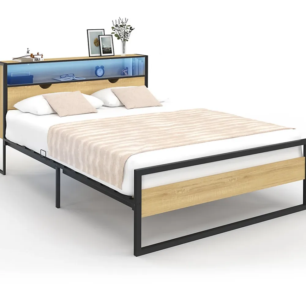 IDMarket Lit double DETROIT LED intégrés dans la tête de lit et sommier 140 x 190 cm effet bois et métal noir design industriel* Lit Avec Rangement