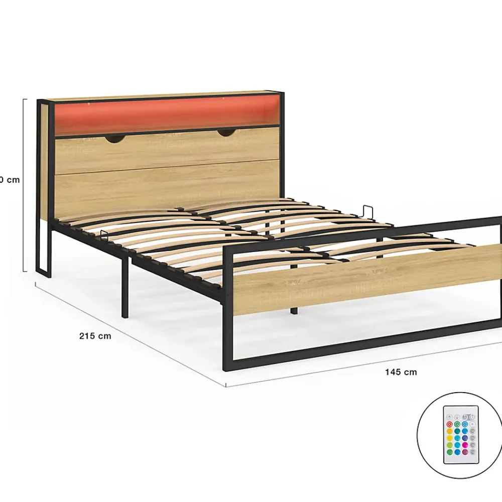 IDMarket Lit double DETROIT LED intégrés dans la tête de lit et sommier 140 x 190 cm effet bois et métal noir design industriel* Lit Avec Rangement