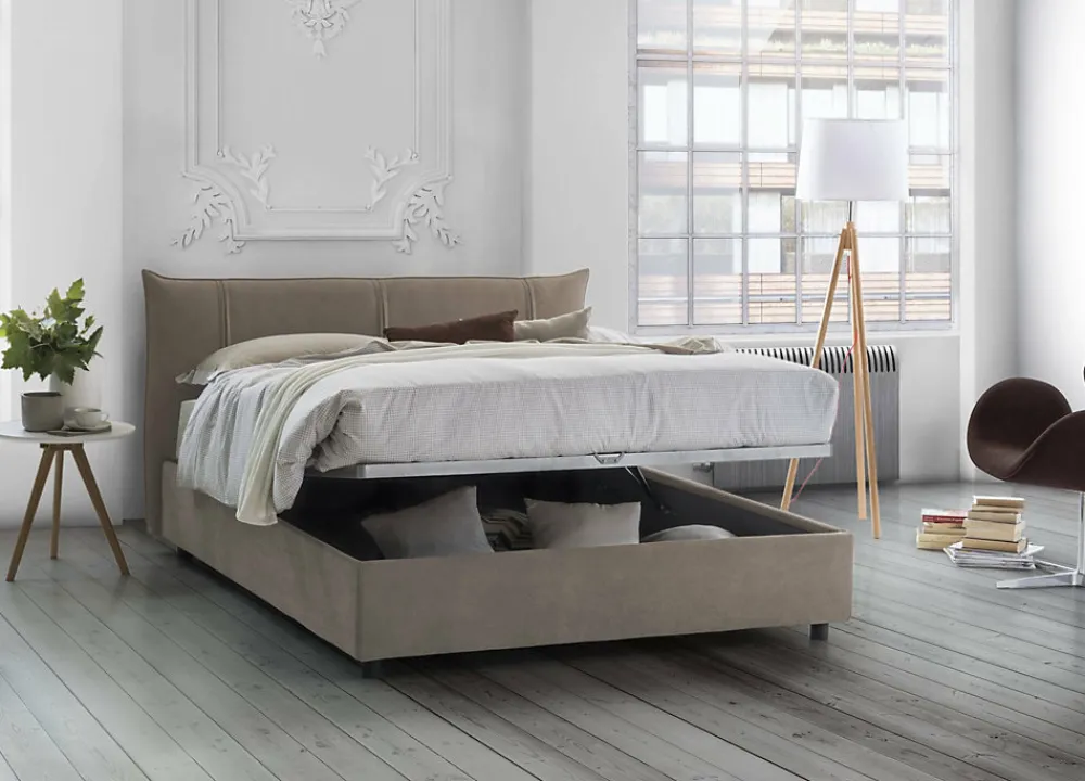 Lit double Dfecci, Lit coffre avec revêtement en tissu, Ouverture frontale, avec matelas 160x200 cm inclus, Taupe>Talamo Italia Best
