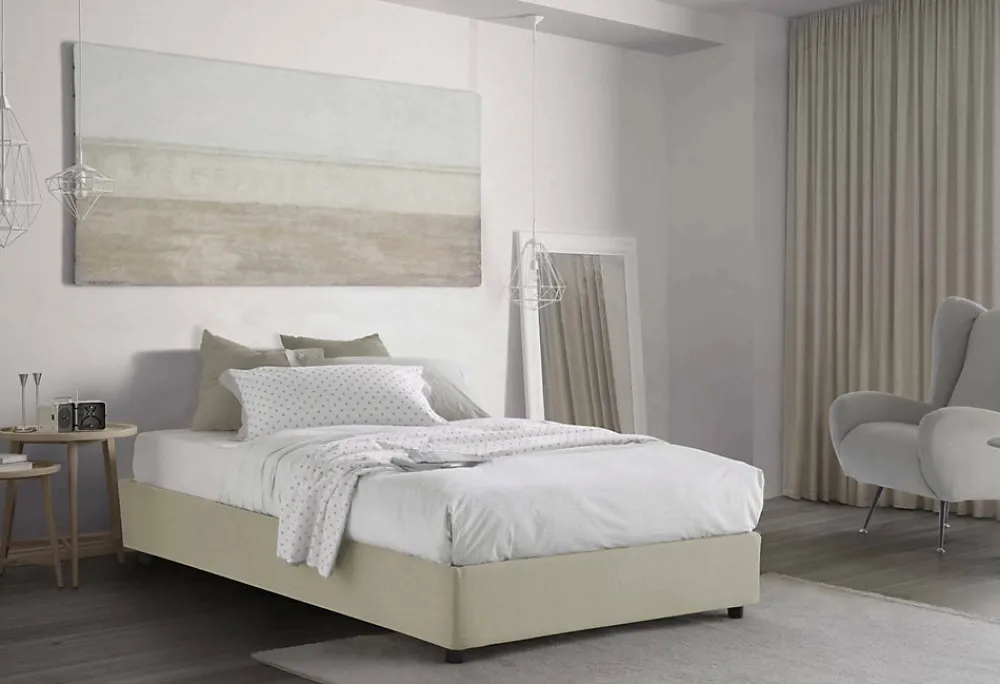 Lit double Dmalizi, Lit coffre avec revêtement en tissu, Ouverture frontale, avec matelas 120x200 cm inclus, Beige>Talamo Italia Sale
